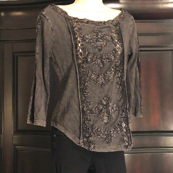 Free People Tops - Free People black lace 3/4 length shirt EUC